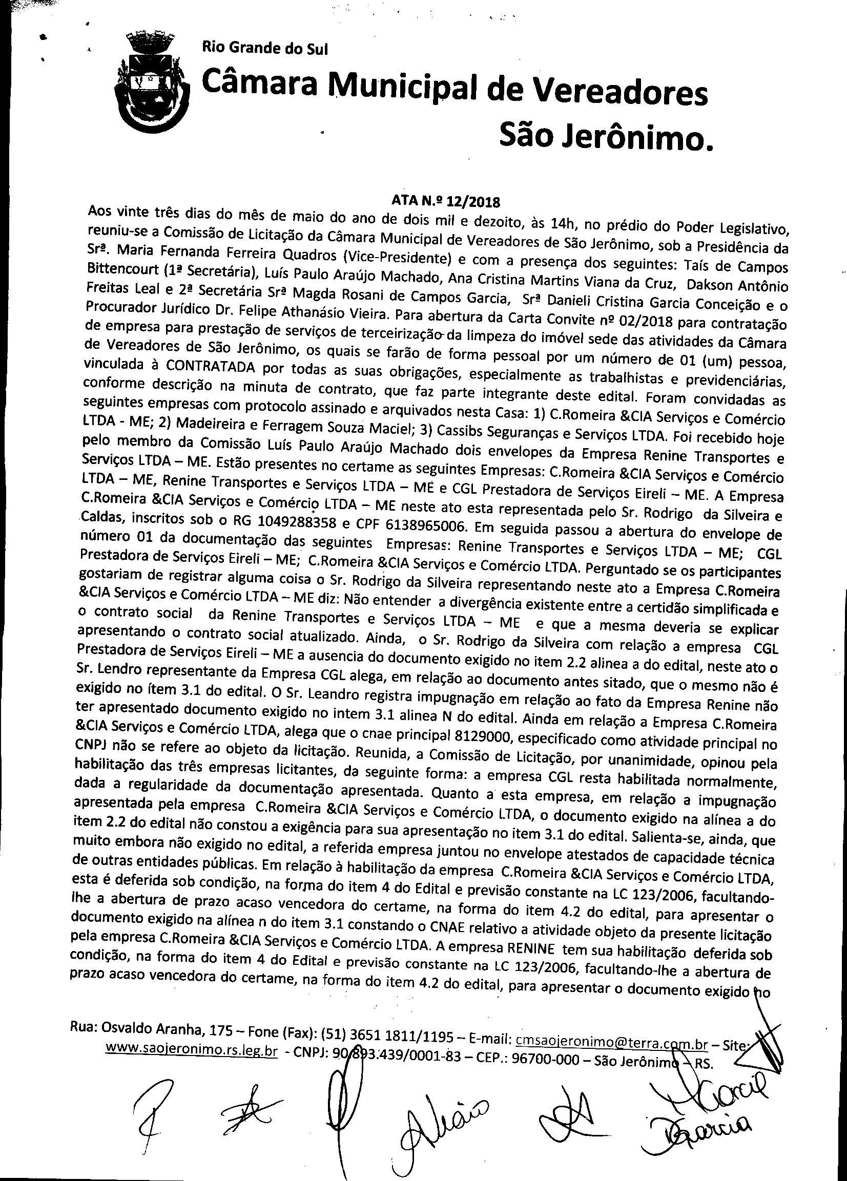 Ata nº 12/2018/ Referente: Carta Convite a Empresa de Serviço de Limpeza