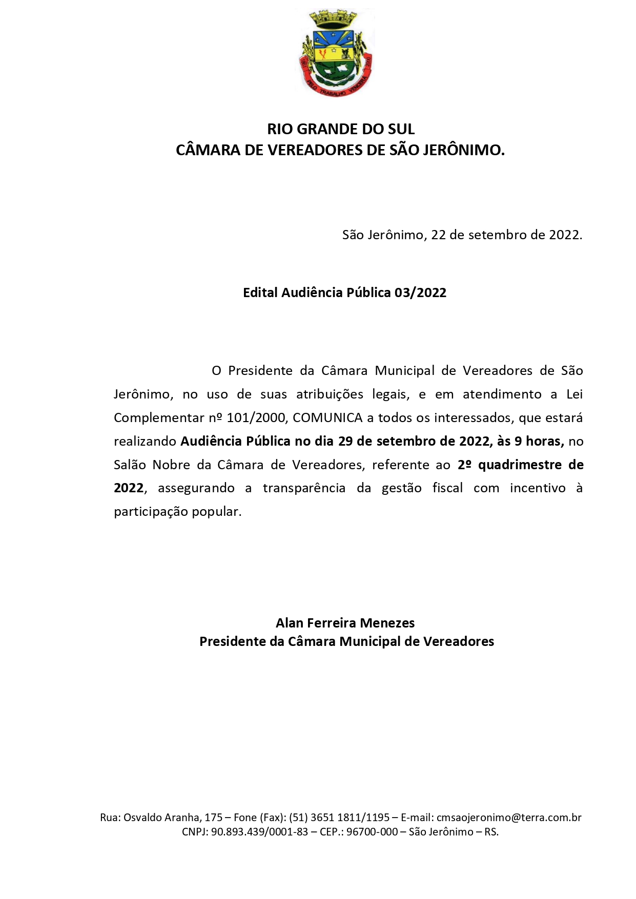 Audiência Pública no dia 29 de setembro de 2022