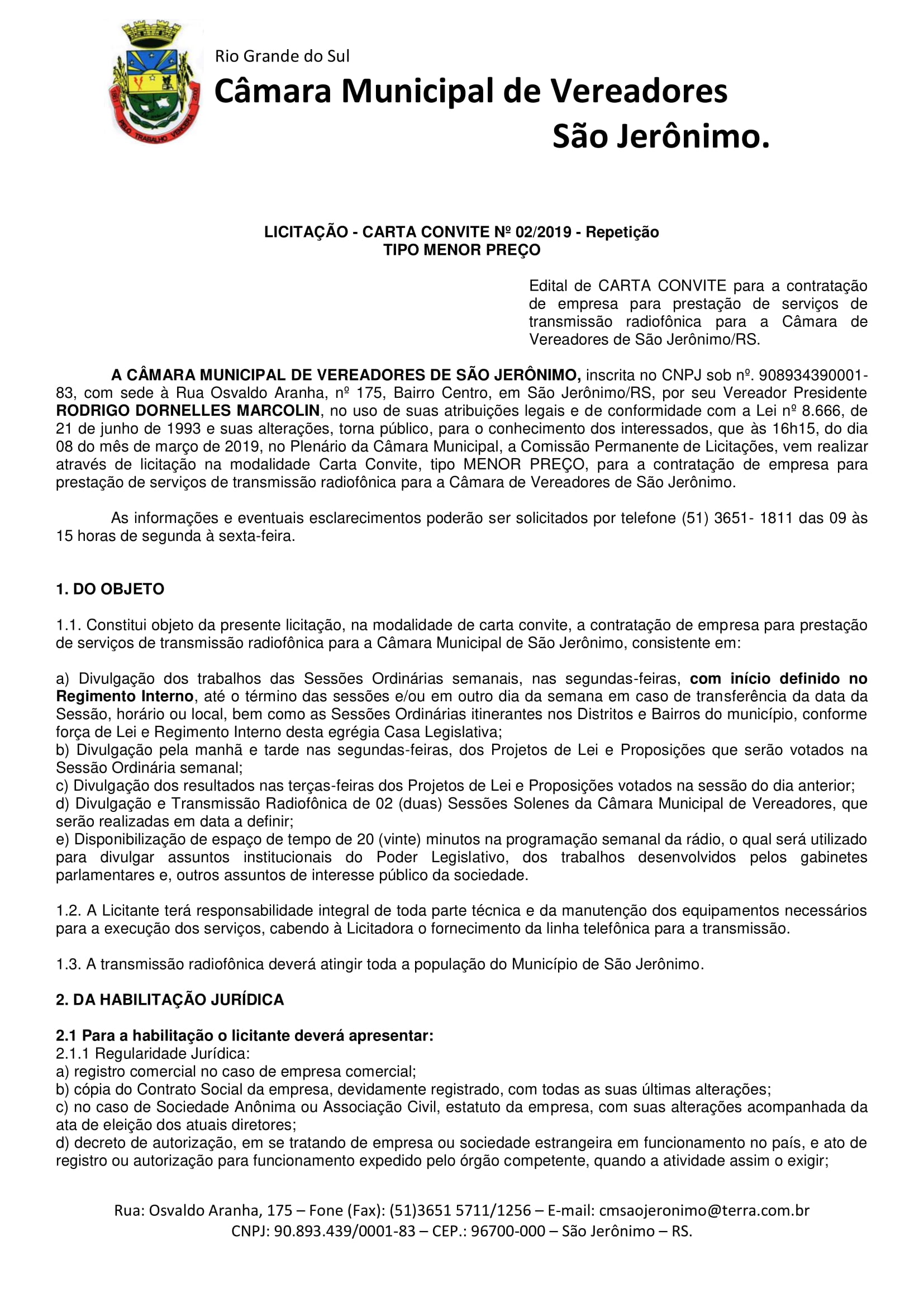 Carta Convite Transmissão Radiofônica repetição 02.2019