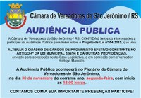 *** CONVITE ***  Atenção municipários!! Venha Participar da Audiência Publica para tratar sobre o Projeto de Lei nº 64/2015!  Dia 30/11/2015 Local: Plenário da Câmara Vereadores SJ Horário: 18:00 horas