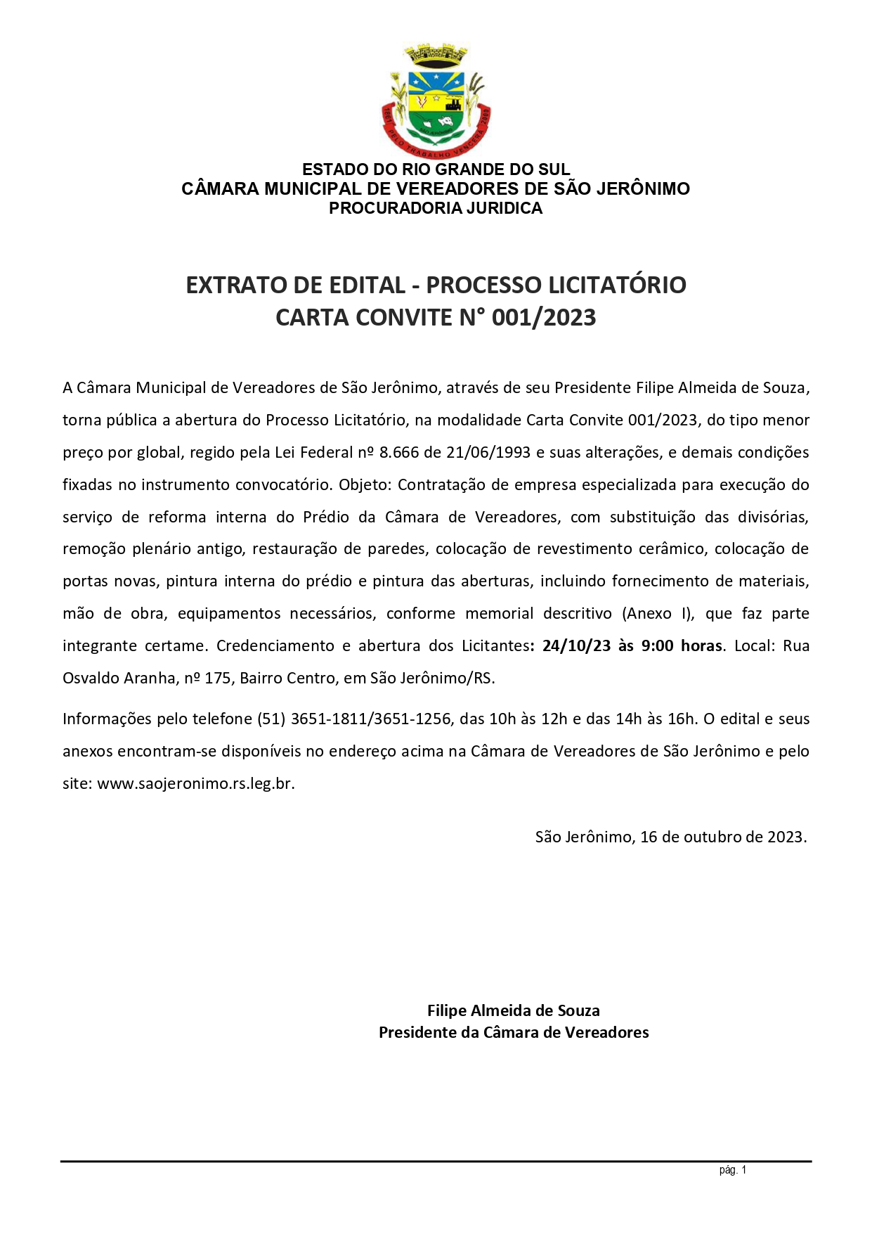 PROCESSO LICITATÓRIO CARTA CONVITE N° 001/2023